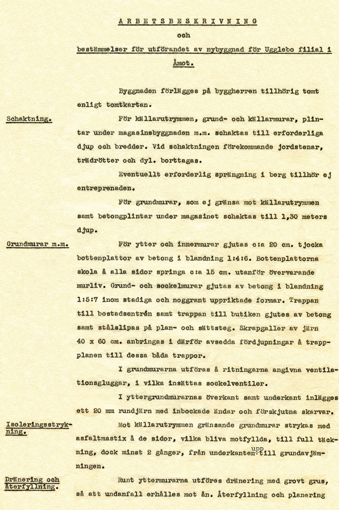 Arbetsbeskrivning och bestämmelser för utförandet av nybyggnad för filial i Åmot, 1934, Ugglebo Arbetareförenings Aktiebolag